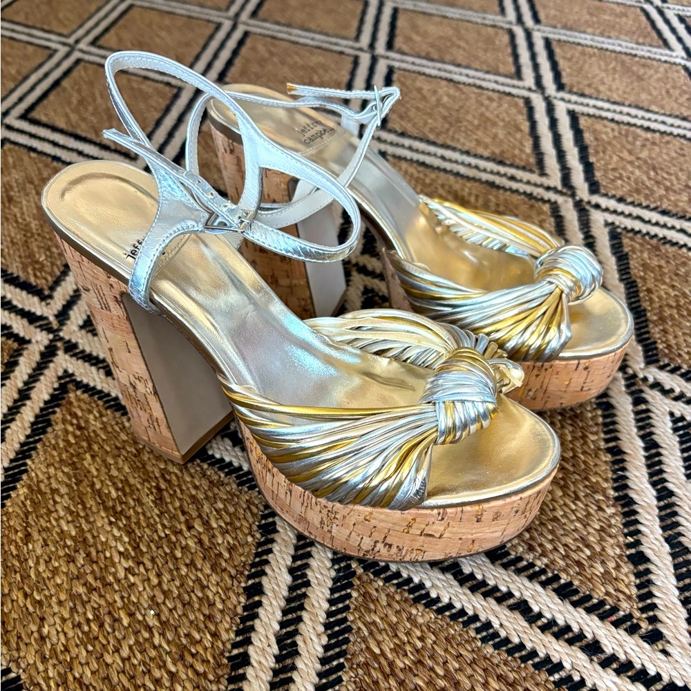 Gorgeous Jeffrey Campbell Platform Leather and Cork Silver/Gold Heels Size 8.